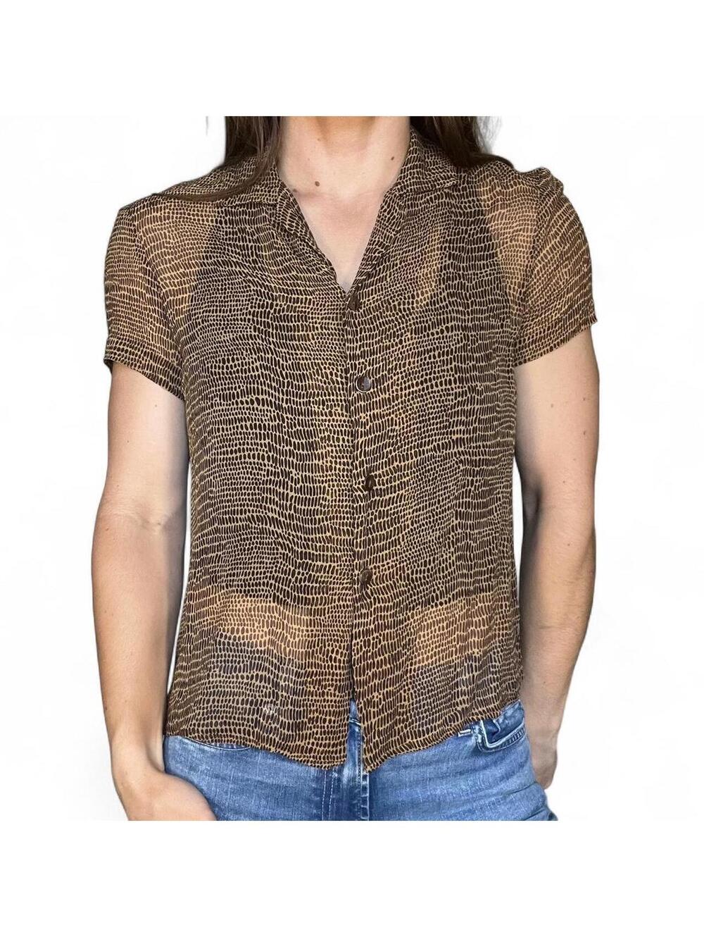 Robbie Bee 100% Silk Sheer Animal Print Button Up Blouse